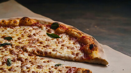 Close Up Of Delicious Cheese Pizza Slice With Basil