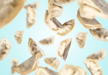Uncooked gyoza in air on light blue background
