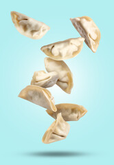 Uncooked gyoza falling on light blue background
