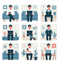 vector young man playing laptop 