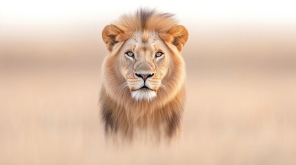 Majestic lion portrait in the savanna.  A powerful male lion, centered in a golden savanna landscape, gazes directly at the viewer.  