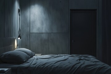 A Minimalist Bedroom Lit By One Wall Mounted Lamp