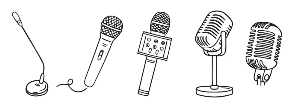 podcasting microphone recording mic doodle hand drawn icon set. Outline drawing microphone line clipart symbol