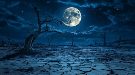 Fototapeta premium Desolate cracked landscape with a glowing full moon and barren leafless trees under a dark night sky