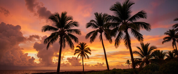 Silhouette of palm trees against colorful sunset sky, tropical serenity
