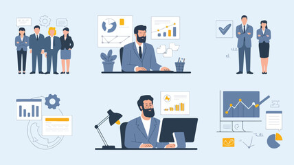 business logo, corporate illustration, office teamwork, professional workplace, business growth, data analytics