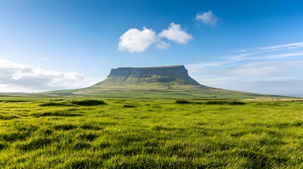 Fototapeta premium Flat Top Mountain Over Lush Green Field Under Partly Cloudy Blue Sky in Daylight