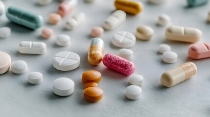 Colorful assortment of tablets and capsules arranged on a flat surface in a clinical setting during daylight