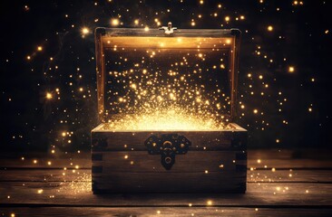 Open treasure chest glowing magic sparkles dark wood background fantasy