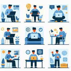 vector young man playing laptop 