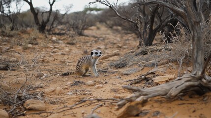 Meerkat observing its surroundings desert landscape wildlife photography natural habitat ground level animal behavior