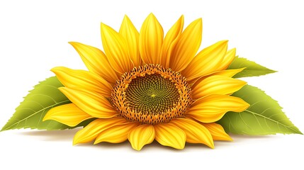 Fototapeta premium Bright yellow sunflower with a vibrant round center and lush green leaves, radiating summer warmth and natural beauty