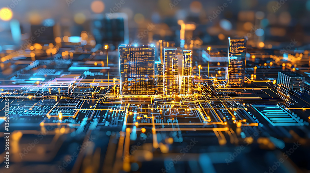 Poster abstract digital cityscape with glowing blue and orange circuitry and data processing