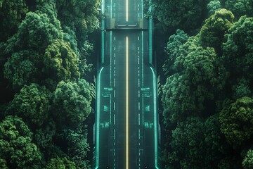 Drone shot of a futuristic road blending with a dense green forest glowing holographic patterns intricate asphalt details hyper realistic textures photo realism in 8k