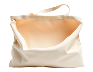 An open beige fabric tote bag isolated on a transparent background.