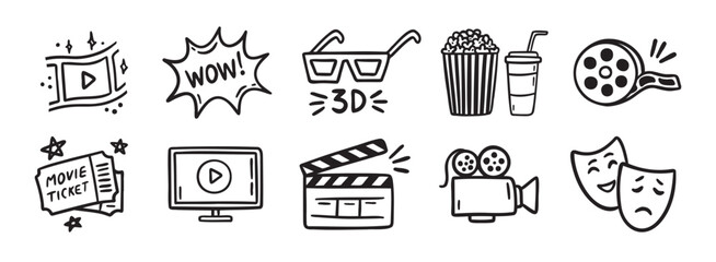 Obraz premium movie theater or cinema doodle hand drawn icon set. Outline drawing movie theater or cinema line clipart symbol collection