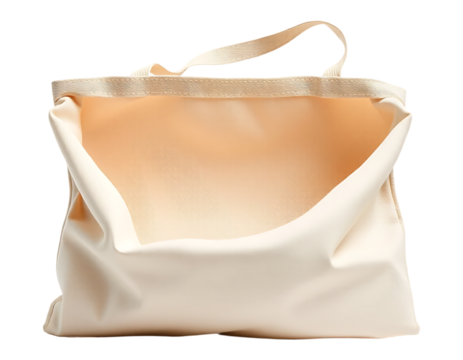 An open beige fabric tote bag isolated on a transparent background.