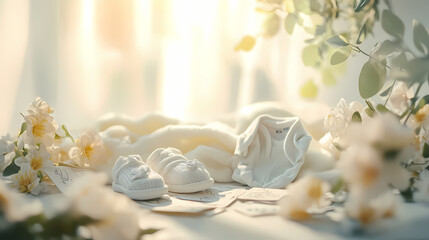 Soft focus on a serene nursery scene with baby blanket, onesie, and tiny shoes surrounded by loving notes and flowers, symbolizing new parenthood joy. Whispering Gestation. Illustration