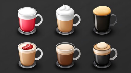 Six isometric illustrations of various coffee drinks in mugs.