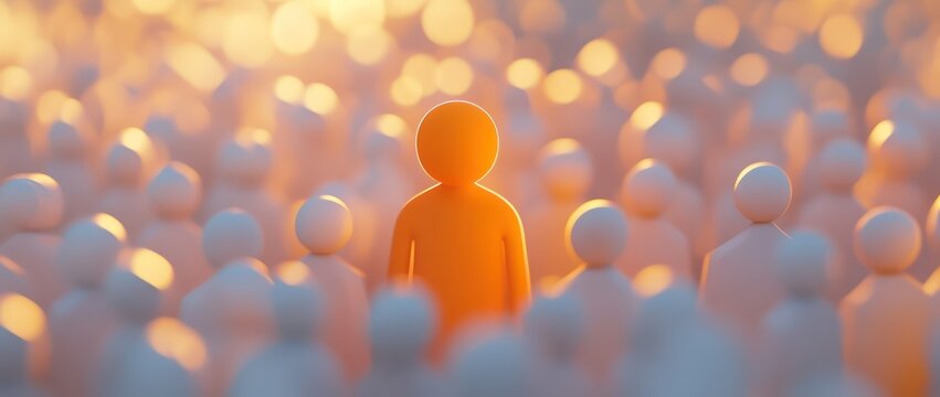 Orange figure stands out in crowd, sunset background, diversity concept, business illustration