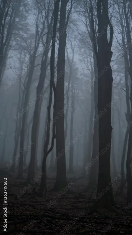 Poster eerie forest video with towering trees in dense fog. shot from a low angle, creating a mysterious, a