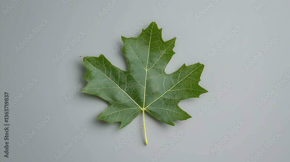 Poster single green leaf with white dots on gray background isolated and viewed directly from above