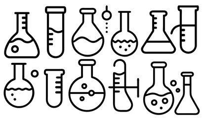 Chemical lab vector icon set. research illustration sign collection. Chemistry and biotechnology symbol. Chemistry doodle illustration including icons. 