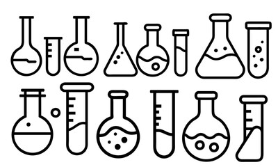 Chemical lab vector icon set. research illustration sign collection. Chemistry and biotechnology symbol. Chemistry doodle illustration including icons. 