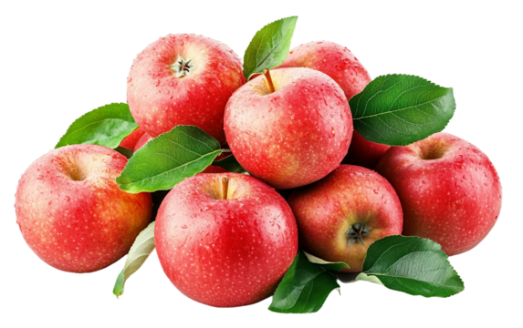 A collection of ripe and juicy red apples with vibrant green leaves highlighting their freshness Isolated on transparent background PNG