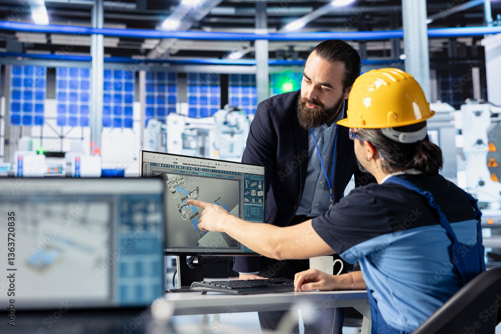 Poster photovoltaics factory engineer pointing to screen, showing manager ways to optimize production flow.