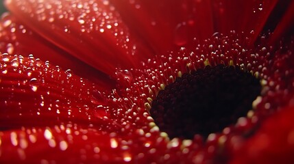 Close-up of a red gerbera daisy with water droplets.