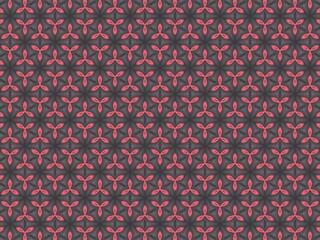 a repeating geometric pattern with a three-leaf clover shape in pink on a dark gray background. It has a symmetrical and structured quality, suggesting order and precision.