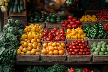 Brightly colored baskets of fresh vegetables fill the market display, featuring a mix of tomatoes, peppers, and greens, attracting shoppers during the day Generative AI