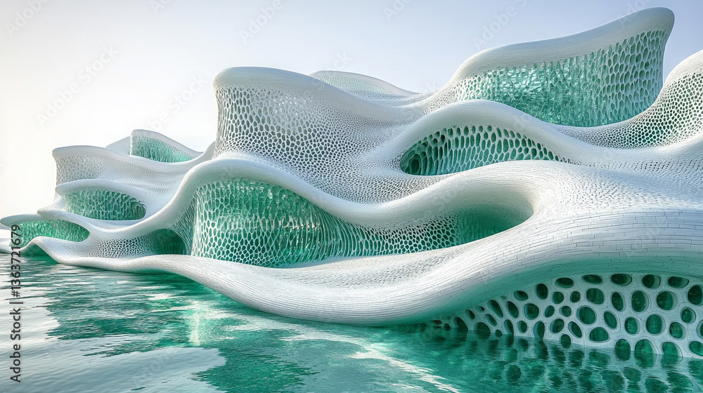 Poster a dynamic and fluid backdrop featuring wavy glass shapes, creating a sense of movement and modern el