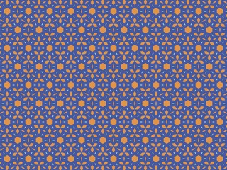a seamless pattern with a blue background and a repeating motif of orange flowers. The flowers have six petals, and the pattern is symmetrical.