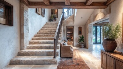 A modern cantilevered staircase with dark wooden steps and a hidden LED strip lighting system, set against a neutral-toned wall.
A minimalist spiral staircase made of smooth concrete, wrapping elegant