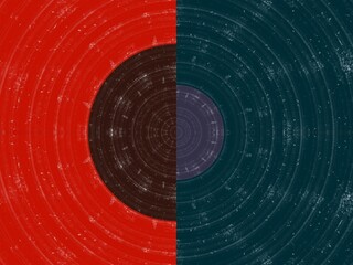 a  geometric abstract design with concentric circles in red, dark brown, purple, and teal. There is a distressed, vintage texture to the design.