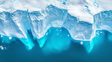 Top down view of shifting and melting icebergs in the sun