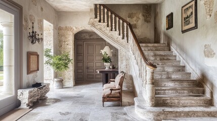 A modern cantilevered staircase with dark wooden steps and a hidden LED strip lighting system, set against a neutral-toned wall.
A minimalist spiral staircase made of smooth concrete, wrapping elegant
