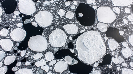 Top down view of shifting and melting icebergs in the sun