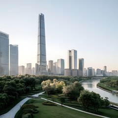 Fototapeta premium Modern skyline reflects tranquility with a river winding through lush greenery in an urban oasis at dawn
