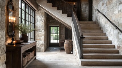 A modern cantilevered staircase with dark wooden steps and a hidden LED strip lighting system, set against a neutral-toned wall.
A minimalist spiral staircase made of smooth concrete, wrapping elegant