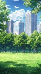 Fototapeta premium City park landscape, sunny day, urban green space, background use