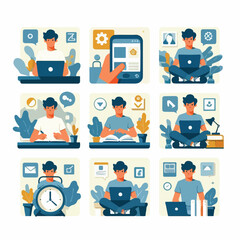 vector young man playing laptop 