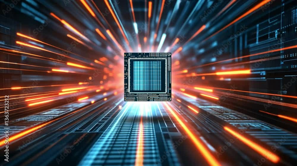 Poster microchip: a futuristic image showcasing a microchip at the core of digital processes, highlighting 