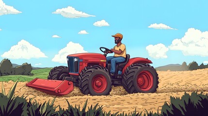 Fototapeta premium Professional African American Farmer Operating Tractor Plowing Agricultural Field