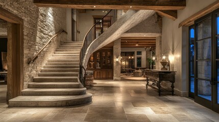 A modern cantilevered staircase with dark wooden steps and a hidden LED strip lighting system, set against a neutral-toned wall.
A minimalist spiral staircase made of smooth concrete, wrapping elegant
