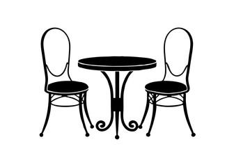 Monochrome Cafe Setting: An elegant, monochrome illustration of a bistro set, comprising a round table and two chairs. This image brings the essence of cozy cafe culture to life.