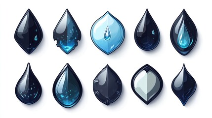 Water and oil drop icons, game assets, white background