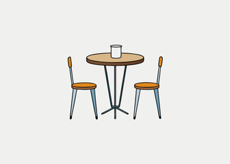 Stylish Cafe Setting: A charmingly minimalist illustration depicts a circular table accompanied by two chairs, with a glass placed atop. capturing the essence of a cozy cafe or a stylish dining area